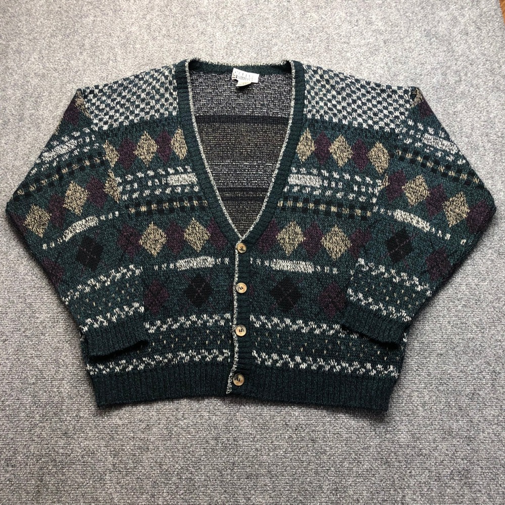 Vintage City Streets Mens Cardigan Sweater XL Green Argyle Geometric 90s Knit